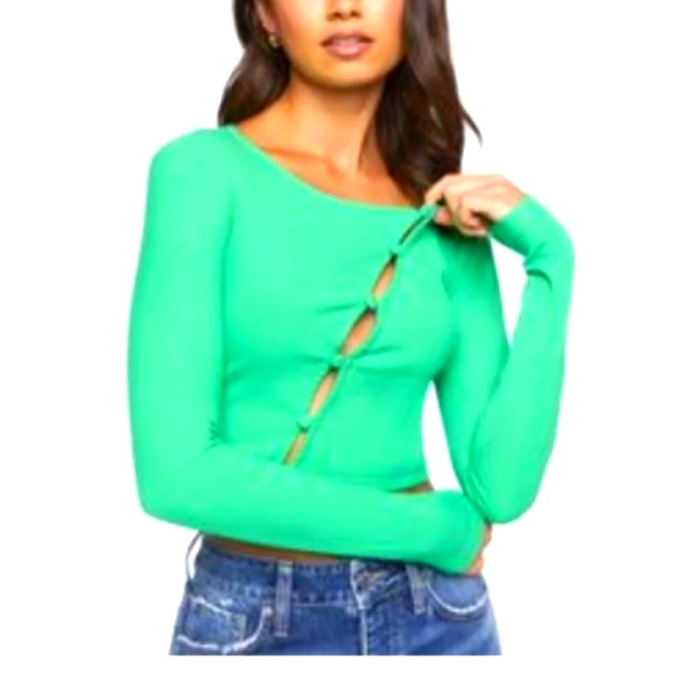 Forever21 Junior Ribbed Knit Green Cut-Out,Peekaboo Fall, Longsleeve Crop Top
